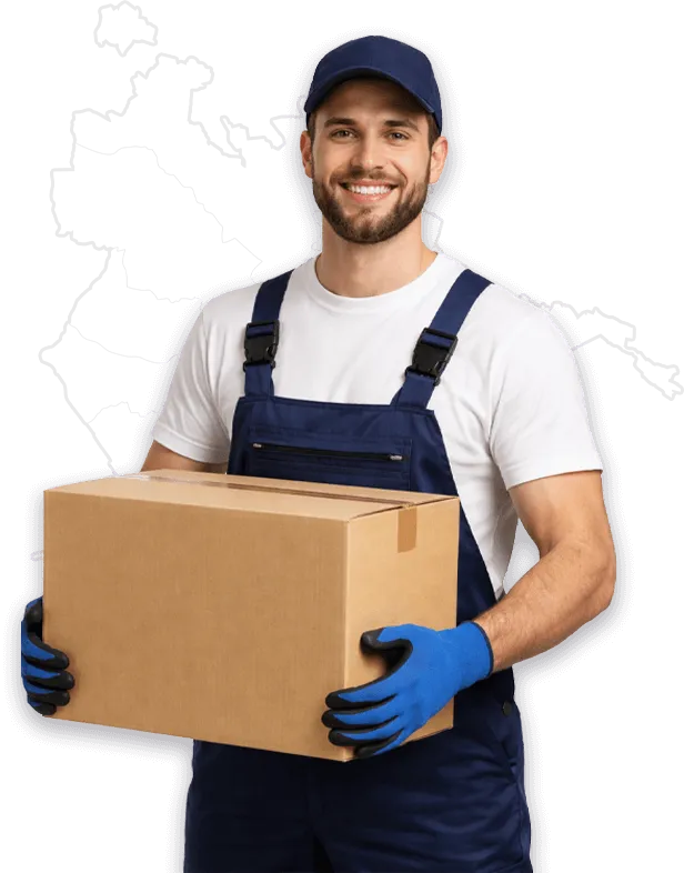 operatore trasloco con scatolone e mappa roma sullo sfondo