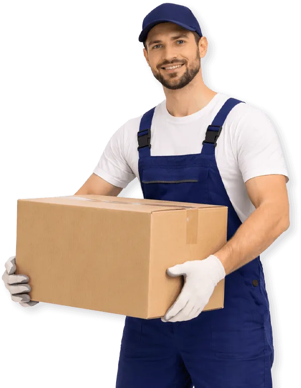 traslocatore sorridente con scatolone per trasloco in mano